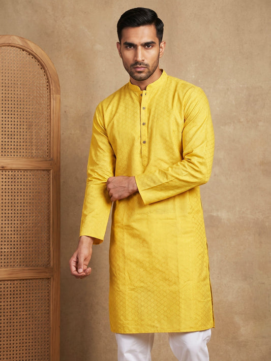 Men’s Cotton Blend Woven Design Kurta ( 65KO 5542Yellow )