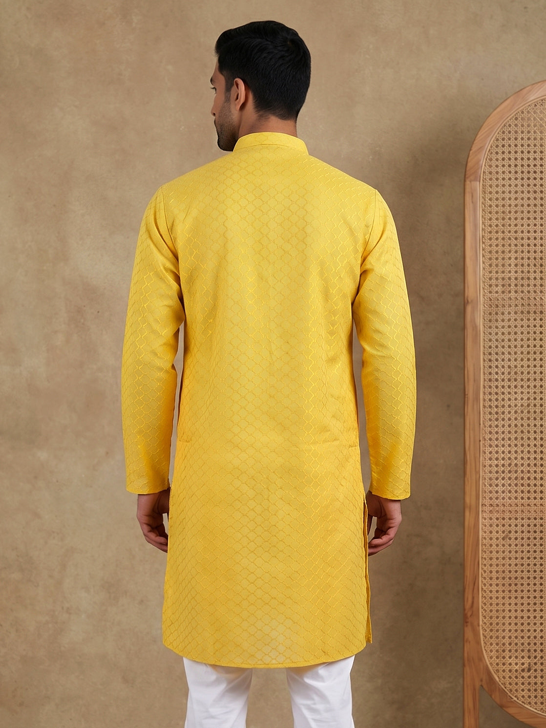 Men’s Cotton Blend Woven Design Kurta ( 65KO 5542Yellow )