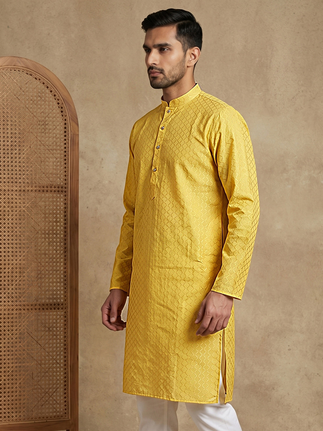 Men’s Cotton Blend Woven Design Kurta ( 65KO 5542Yellow )