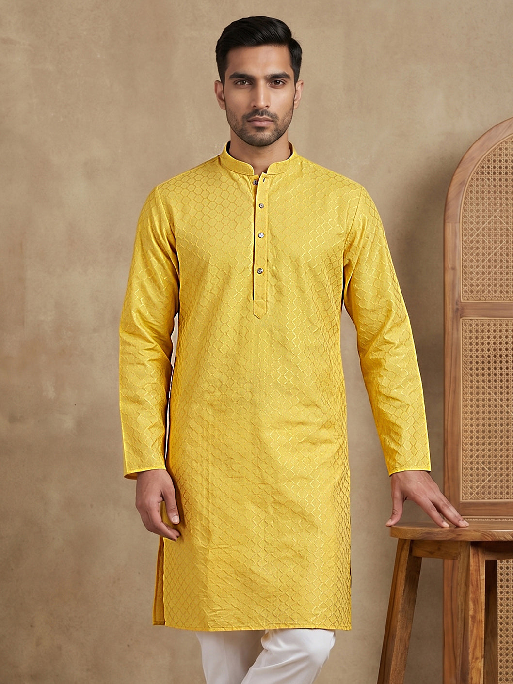 Men’s Cotton Blend Woven Design Kurta ( 65KO 5542Yellow )