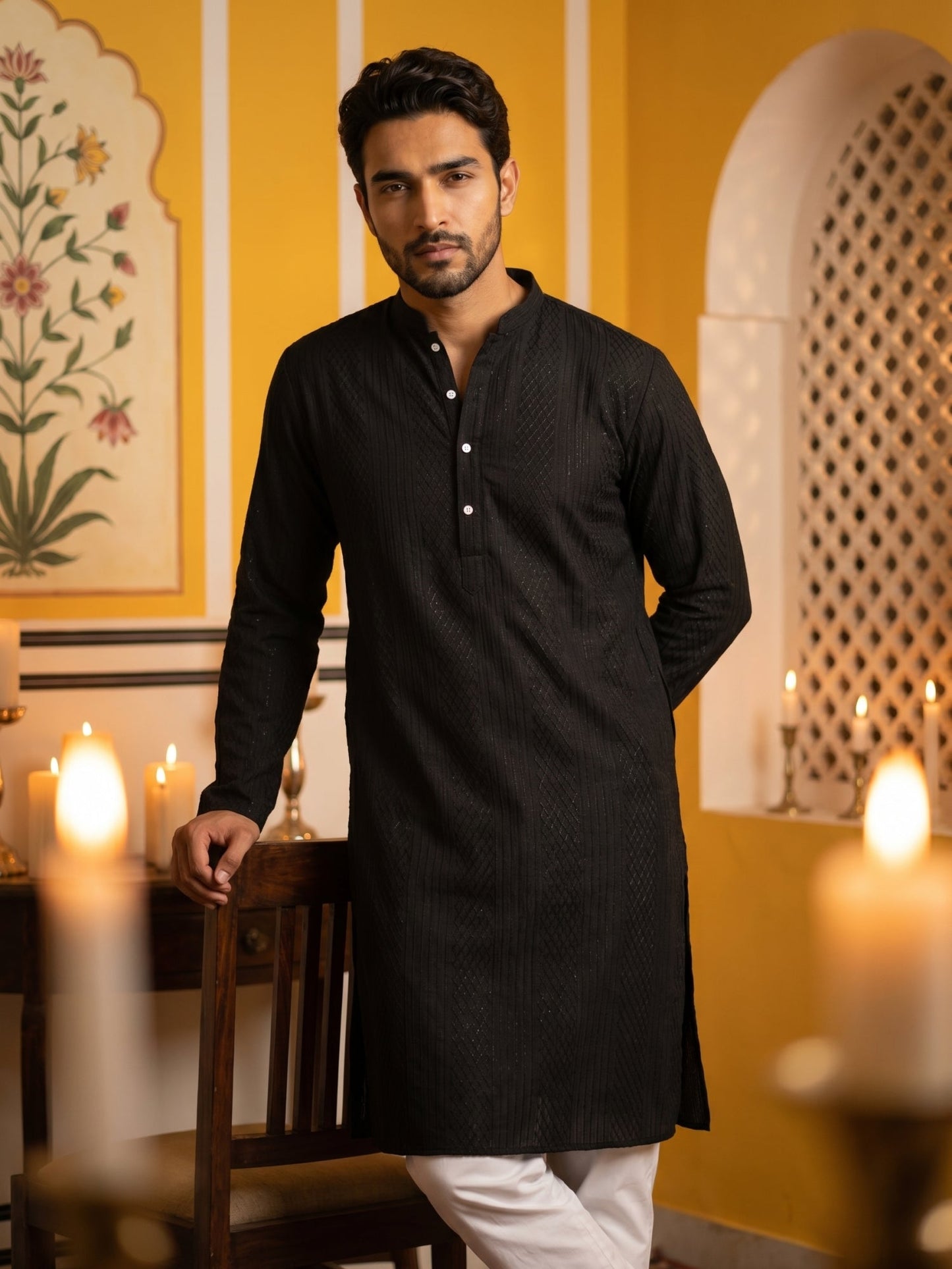Men’s Silk Blend Thread Work Kurta ( 65KO 5543Black )