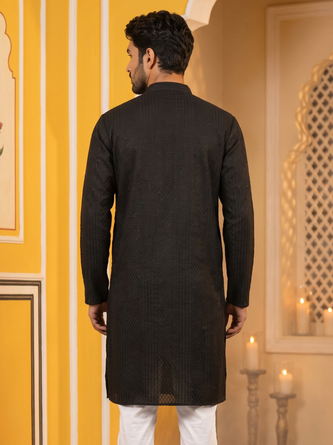 Men’s Silk Blend Thread Work Kurta ( 65KO 5543Black )