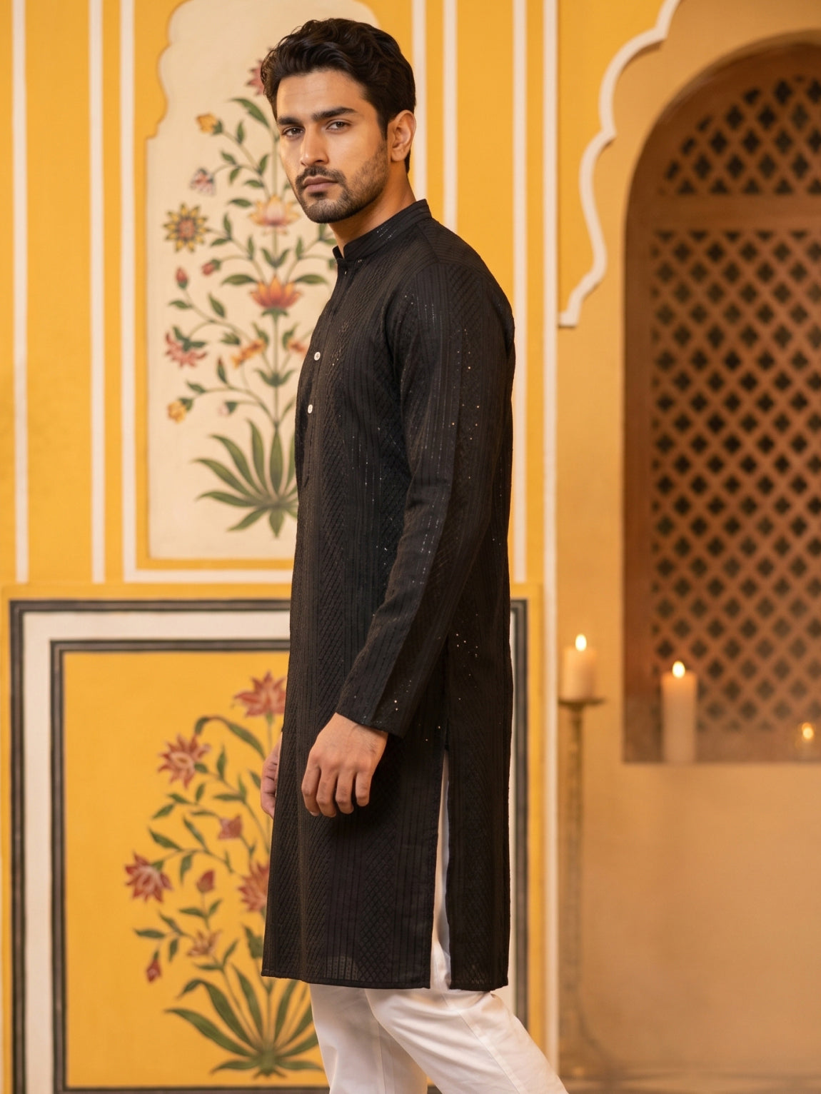 Men’s Silk Blend Thread Work Kurta ( 65KO 5543Black )
