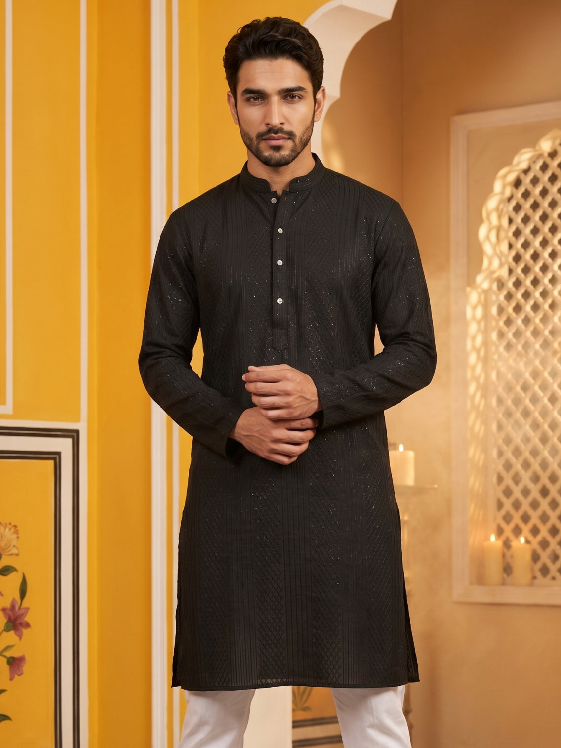 Men’s Silk Blend Thread Work Kurta ( 65KO 5543Black )