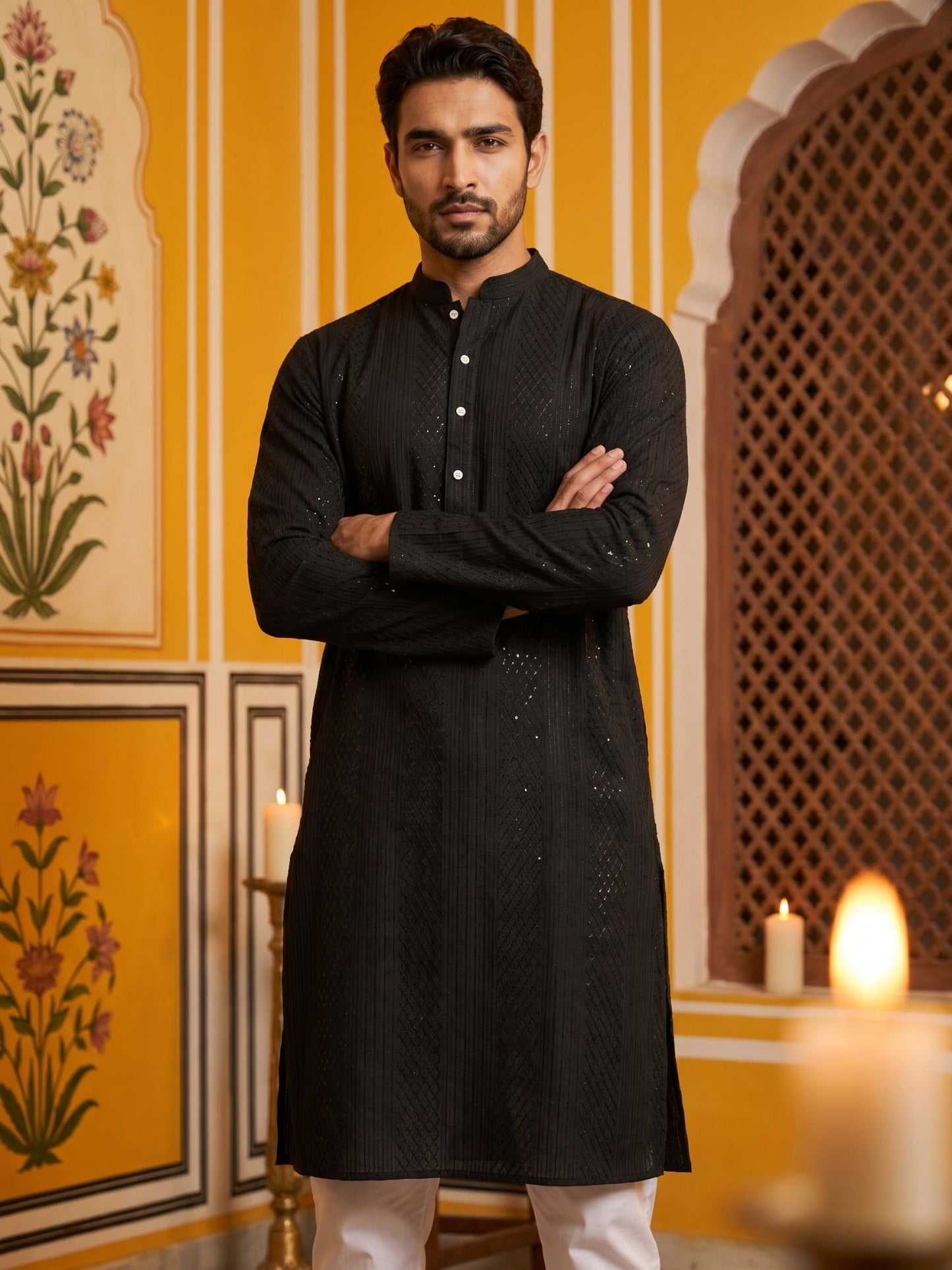 Men’s Silk Blend Thread Work Kurta ( 65KO 5543Black )