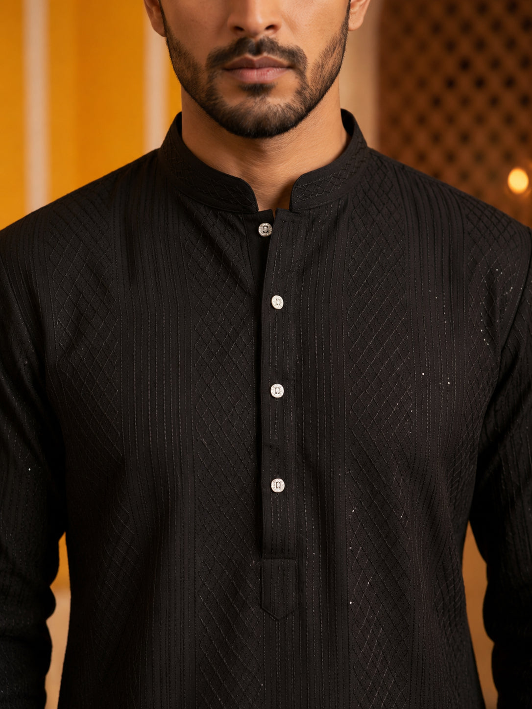 Men’s Silk Blend Thread Work Kurta ( 65KO 5543Black )