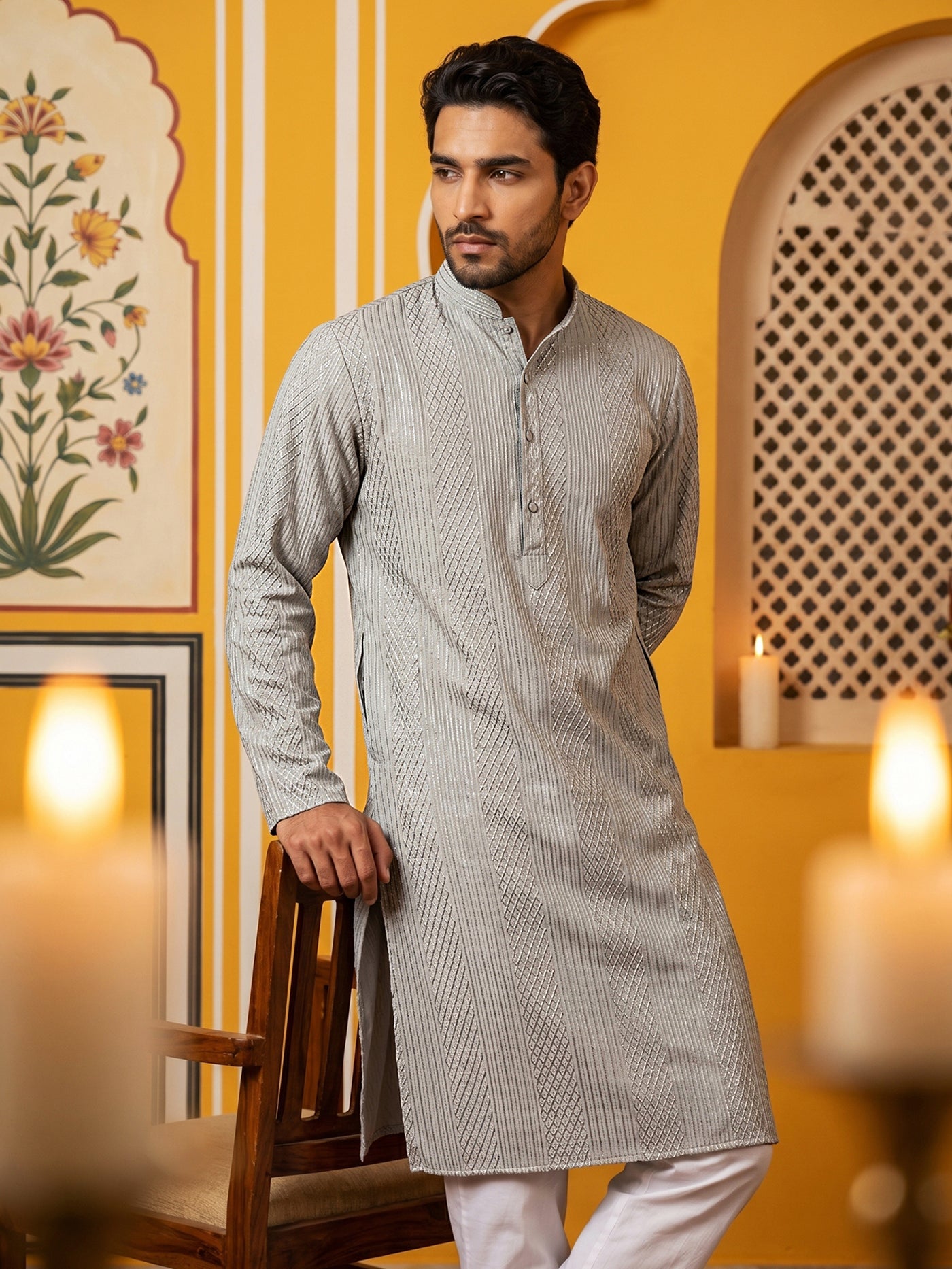Men’s Silk Blend Thread Work Kurta ( 65KO 5543Grey )