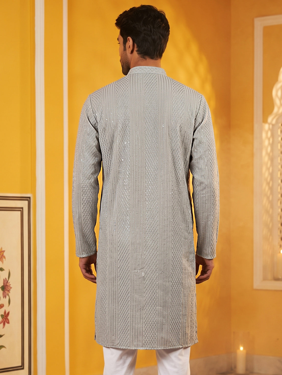 Men’s Silk Blend Thread Work Kurta ( 65KO 5543Grey )