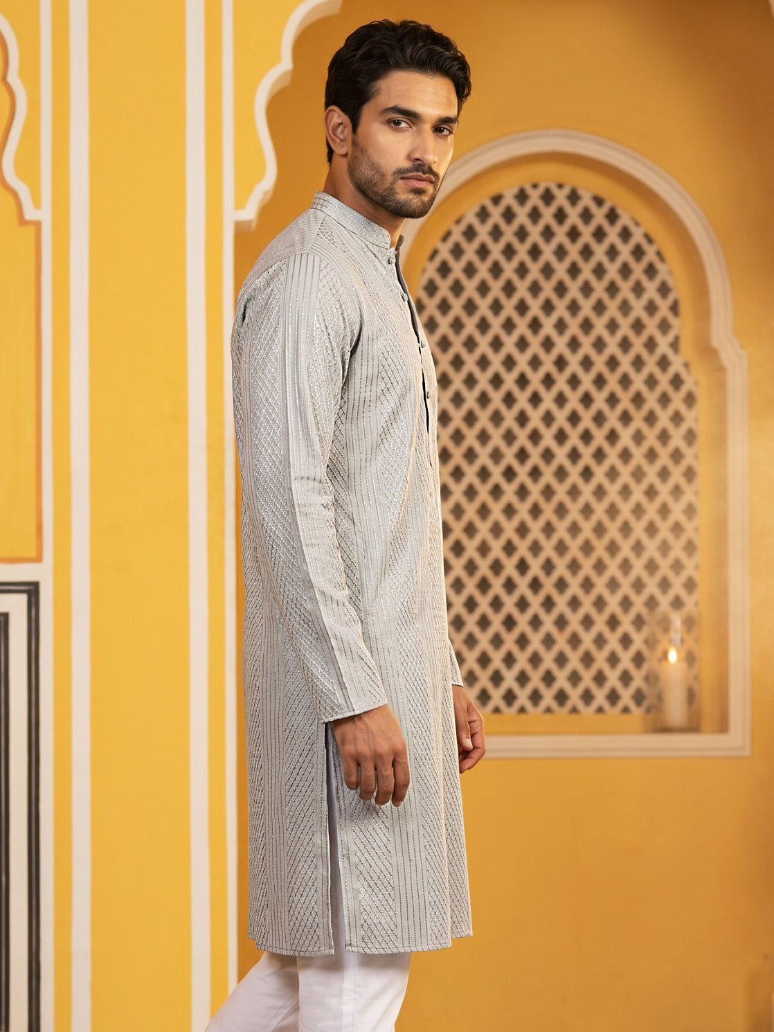 Men’s Silk Blend Thread Work Kurta ( 65KO 5543Grey )