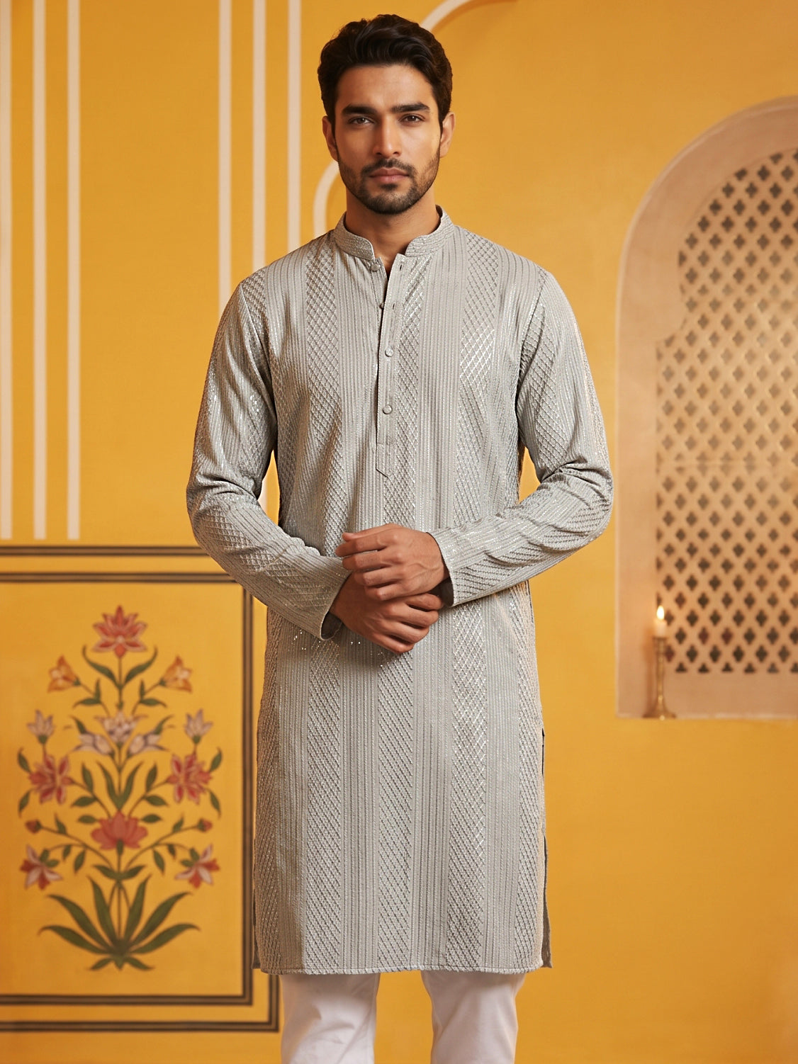 Men’s Silk Blend Thread Work Kurta ( 65KO 5543Grey )