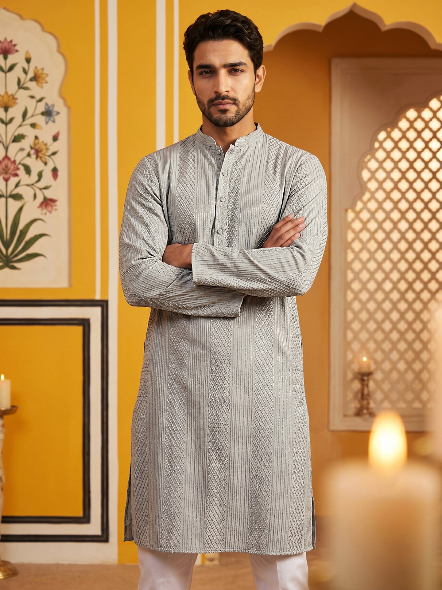 Men’s Silk Blend Thread Work Kurta ( 65KO 5543Grey )