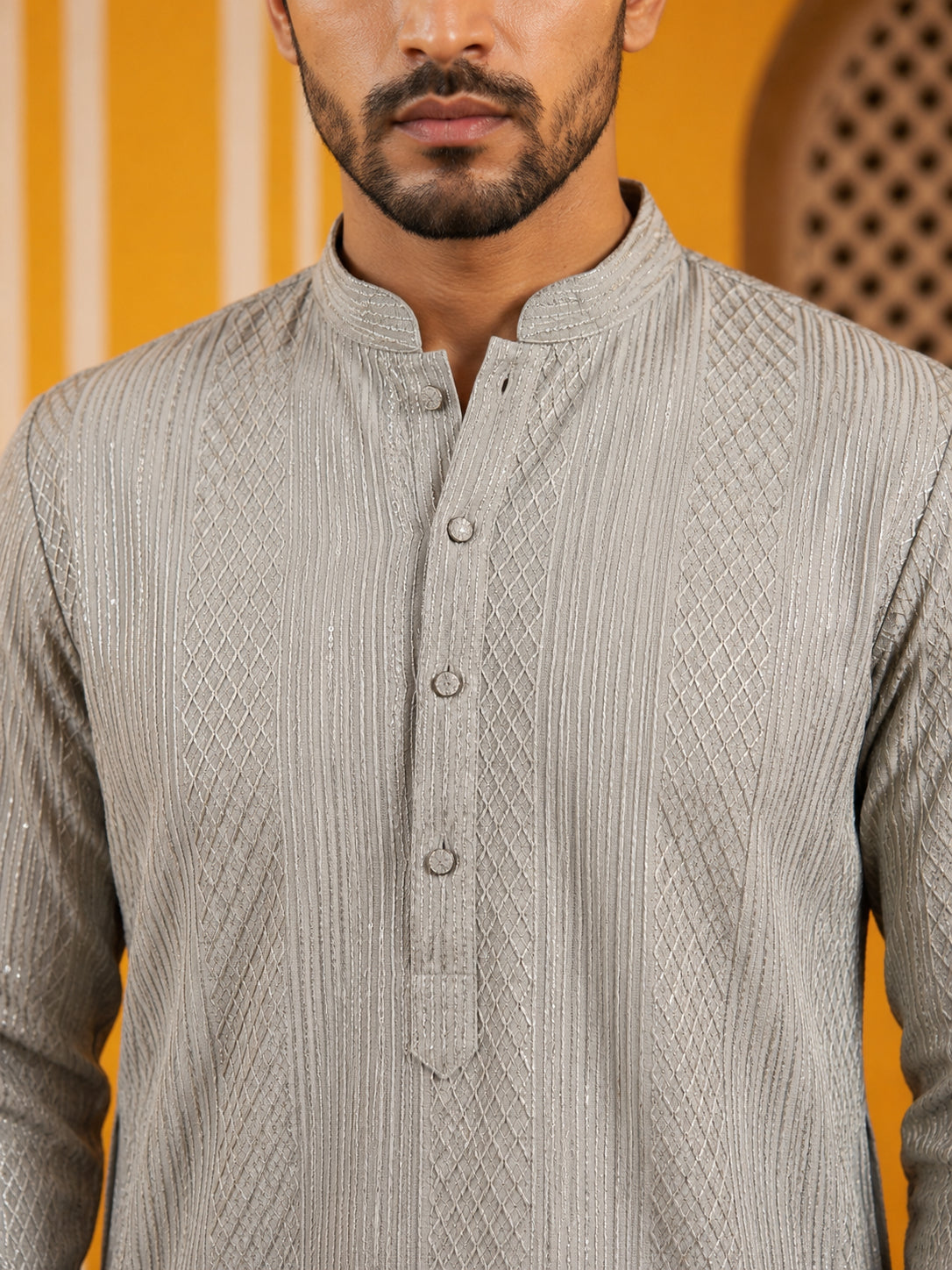 Men’s Silk Blend Thread Work Kurta ( 65KO 5543Grey )