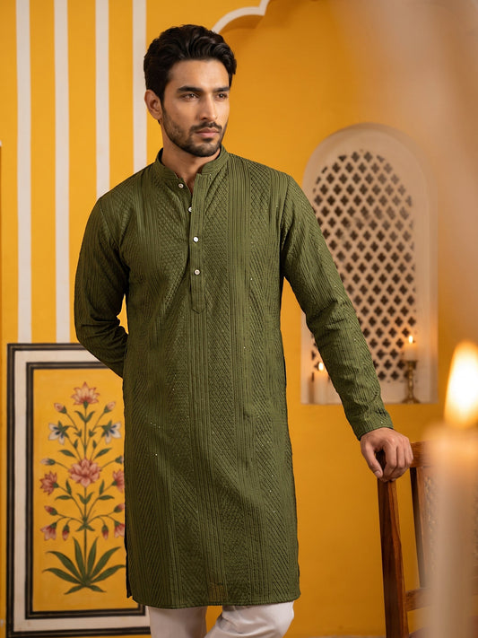 Men’s Silk Blend Thread Work Kurta ( 65KO 5543Olive )