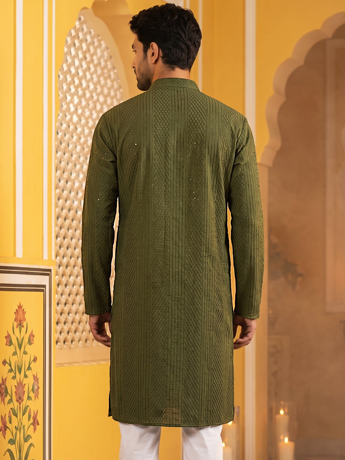 Men’s Silk Blend Thread Work Kurta ( 65KO 5543Olive )