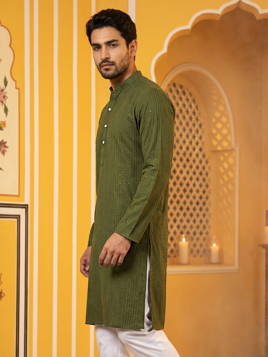 Men’s Silk Blend Thread Work Kurta ( 65KO 5543Olive )