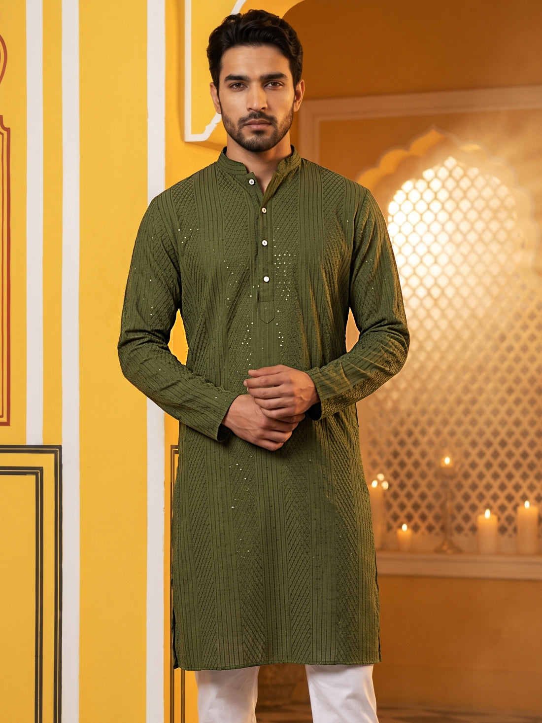 Men’s Silk Blend Thread Work Kurta ( 65KO 5543Olive )