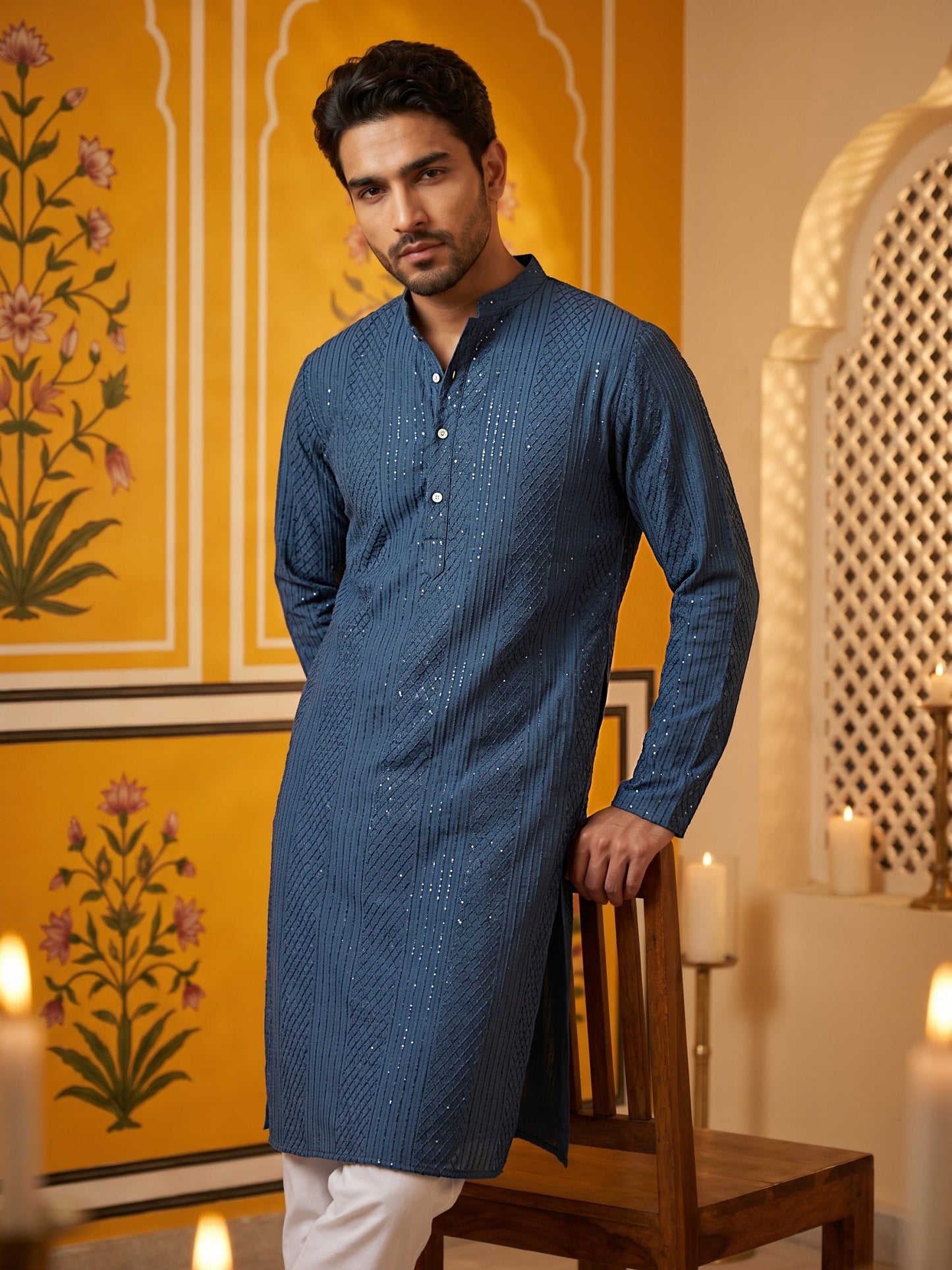 Men’s Silk Blend Thread Work Kurta ( 65KO 5543Peacock )