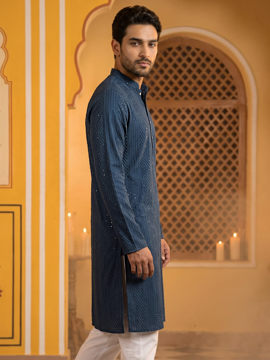 Men’s Silk Blend Thread Work Kurta ( 65KO 5543Peacock )