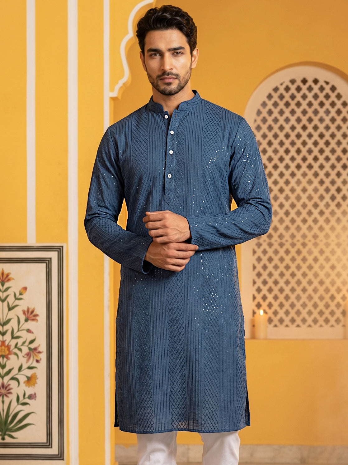 Men’s Silk Blend Thread Work Kurta ( 65KO 5543Peacock )