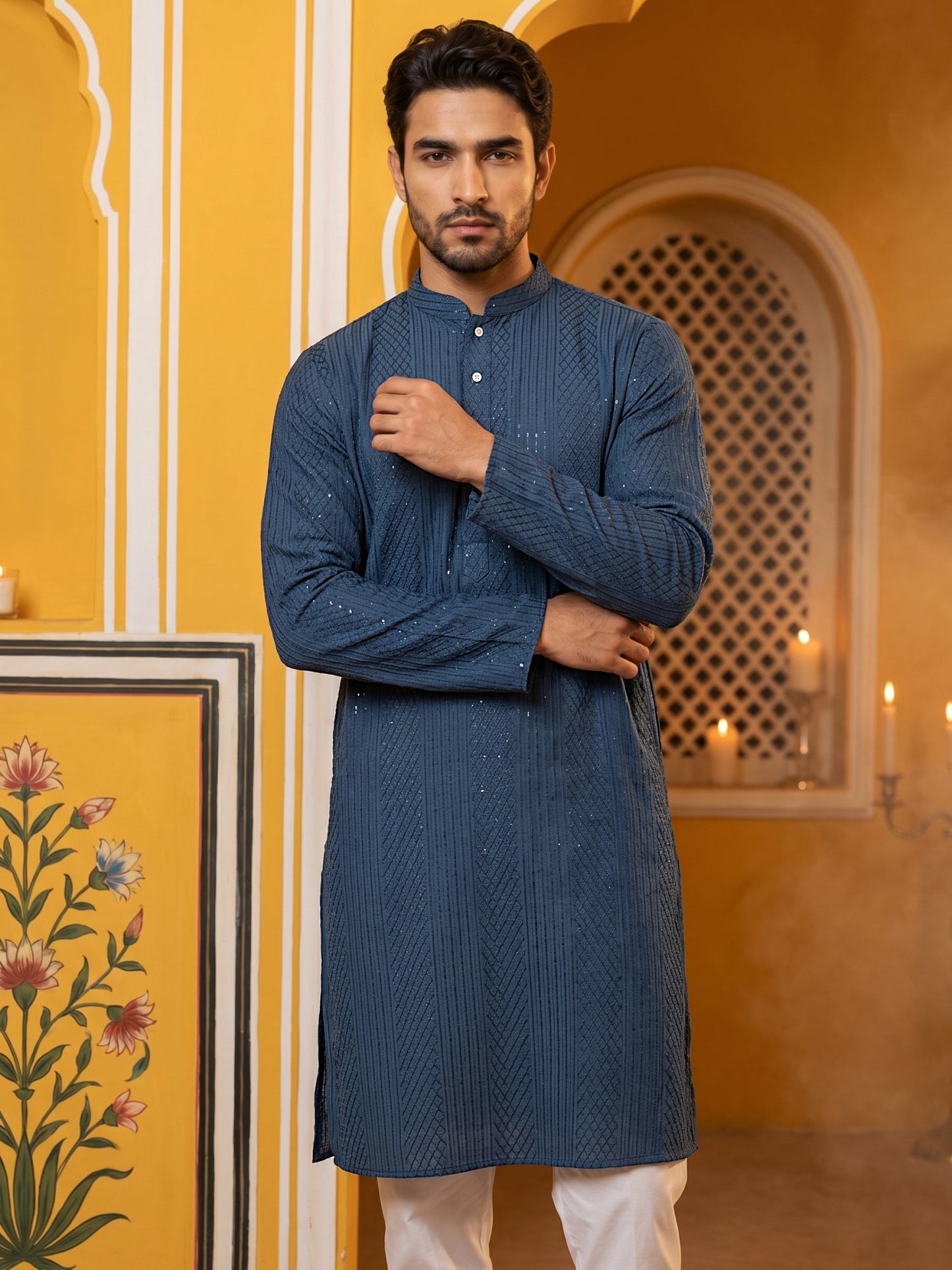 Men’s Silk Blend Thread Work Kurta ( 65KO 5543Peacock )