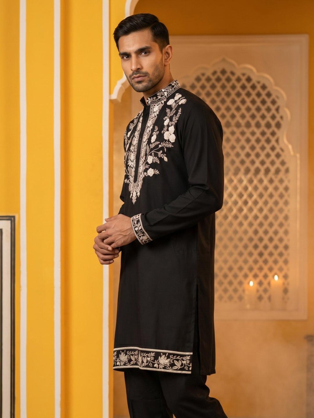 Premium Imported Japanese Embroidered Kurta ( 65KO 5544Black )