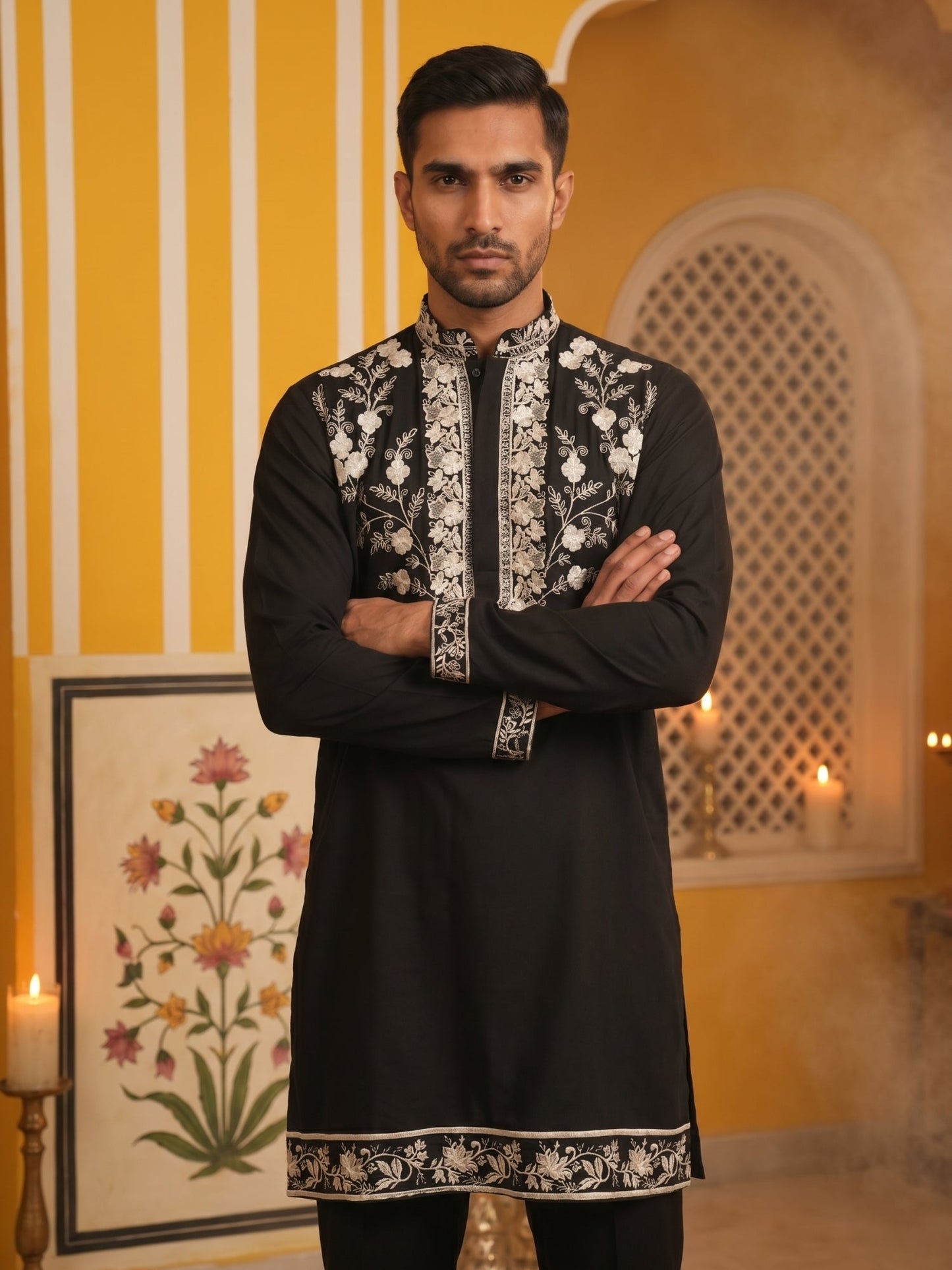 Premium Imported Japanese Embroidered Kurta ( 65KO 5544Black )