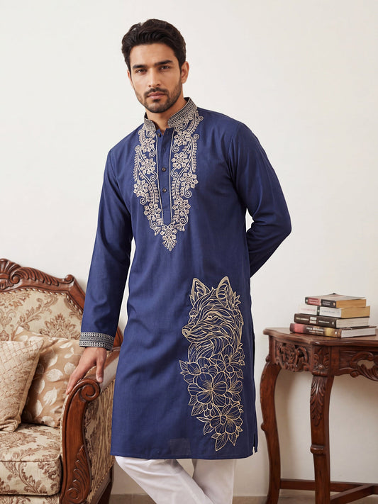 Navy Blue Japanese Embroidered Kurta ( 65KO 5545Navy )