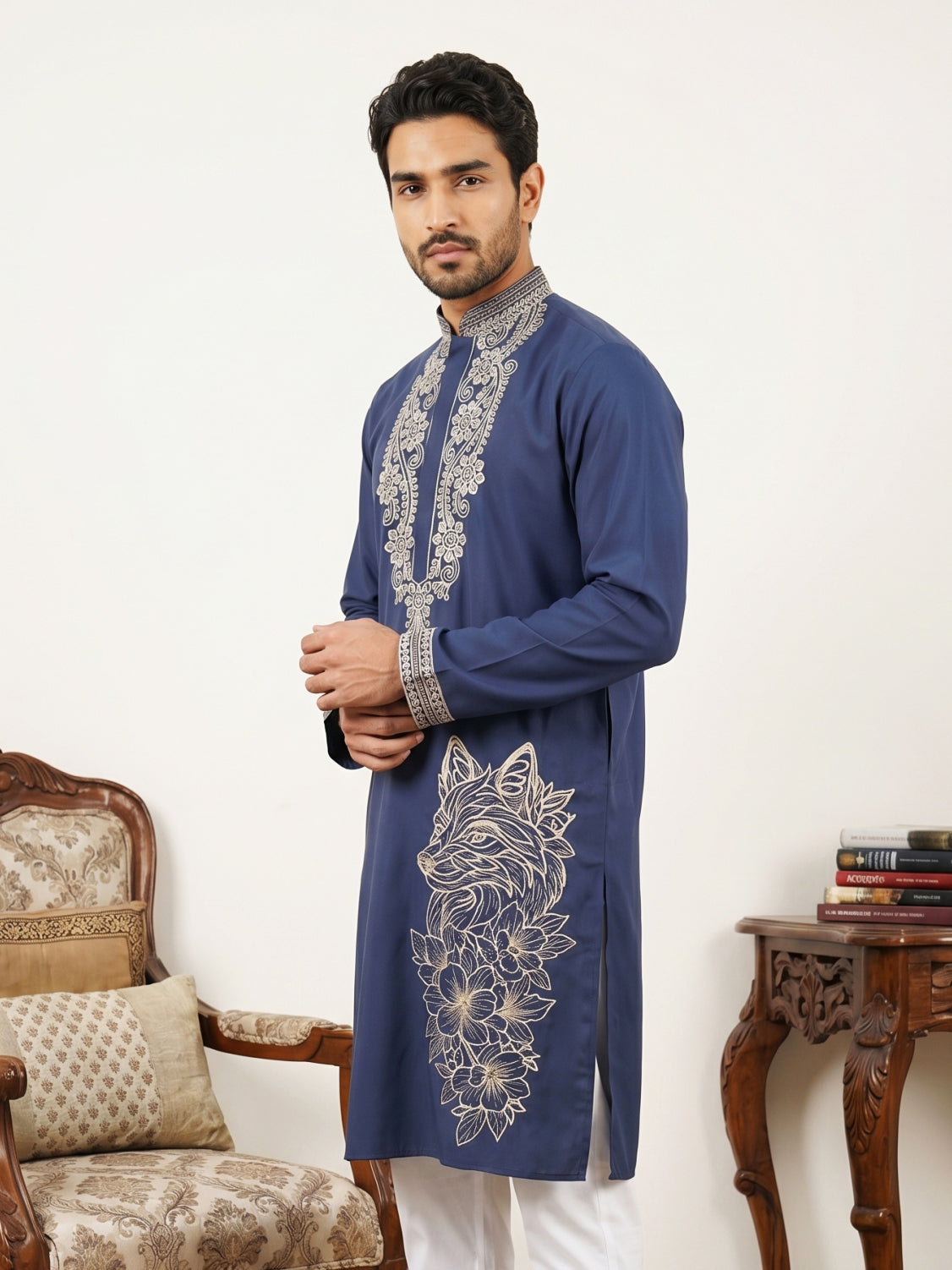 Navy Blue Japanese Embroidered Kurta ( 65KO 5545Navy )
