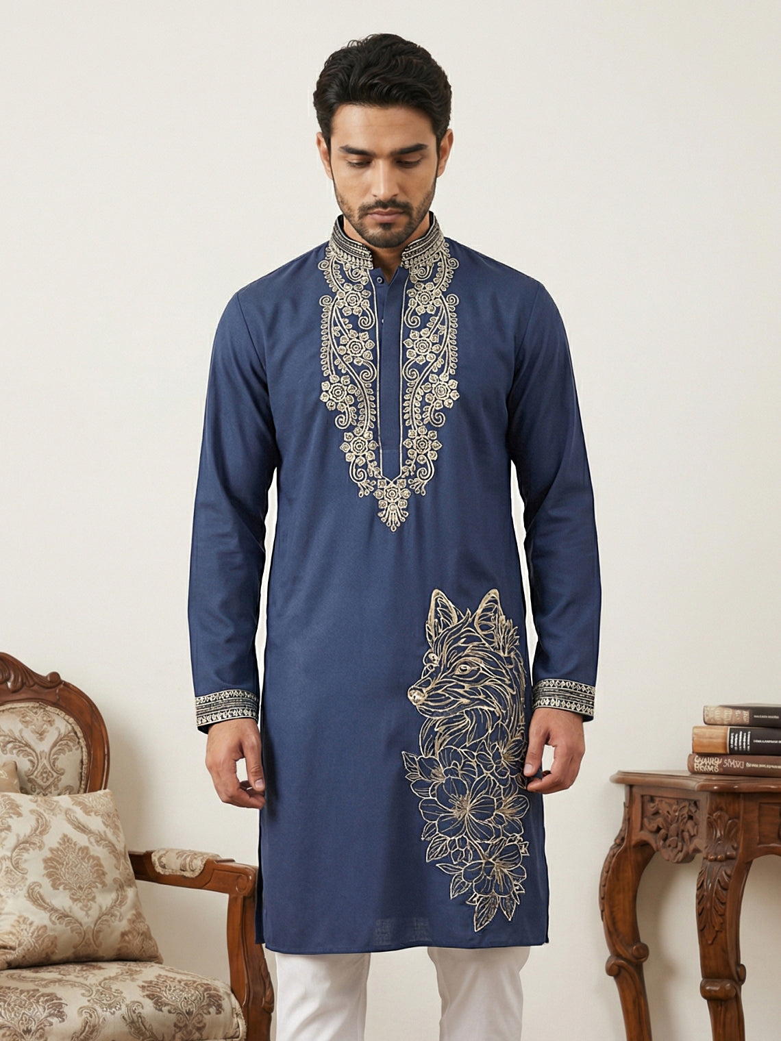 Navy Blue Japanese Embroidered Kurta ( 65KO 5545Navy )