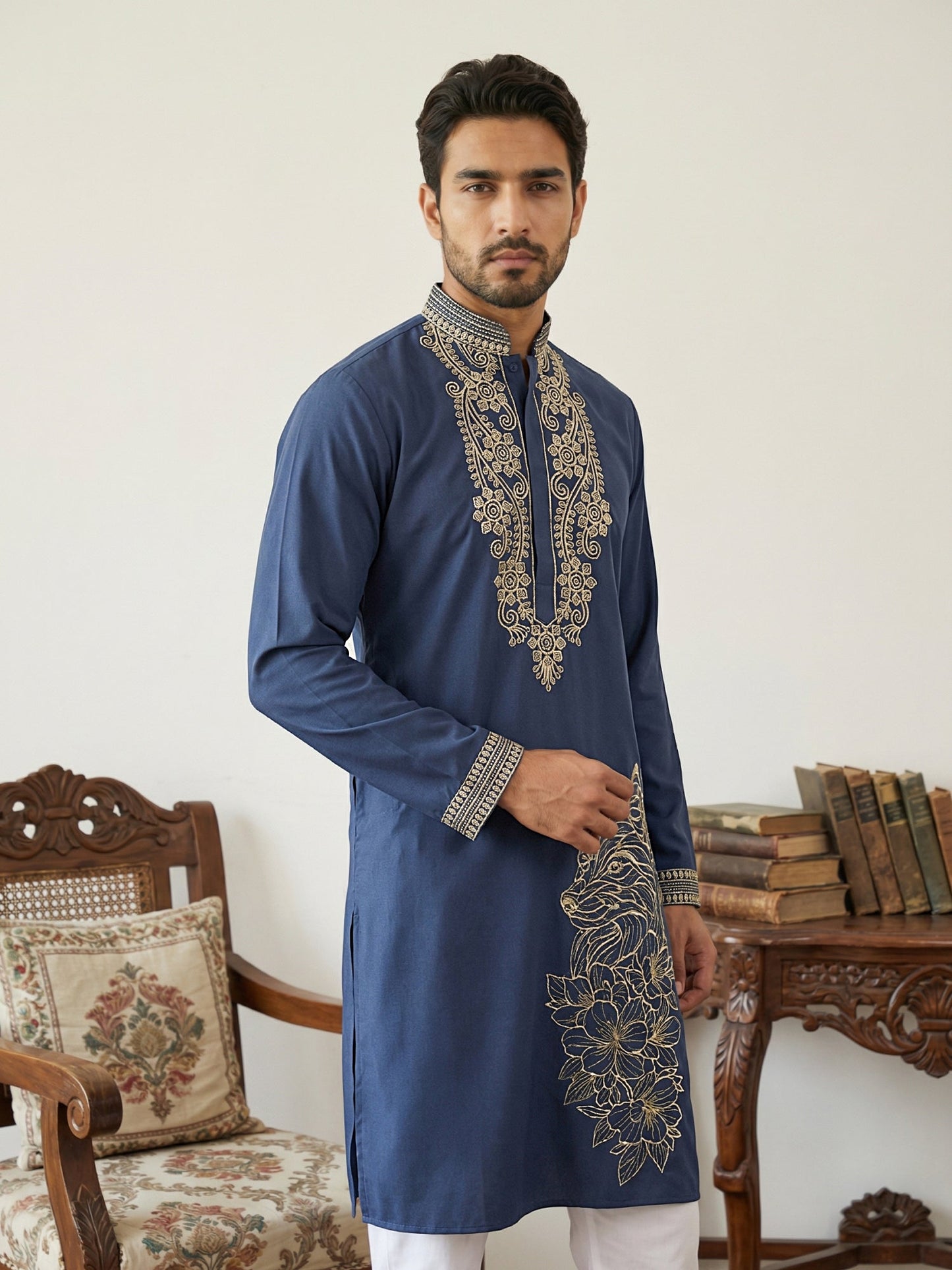 Navy Blue Japanese Embroidered Kurta ( 65KO 5545Navy )
