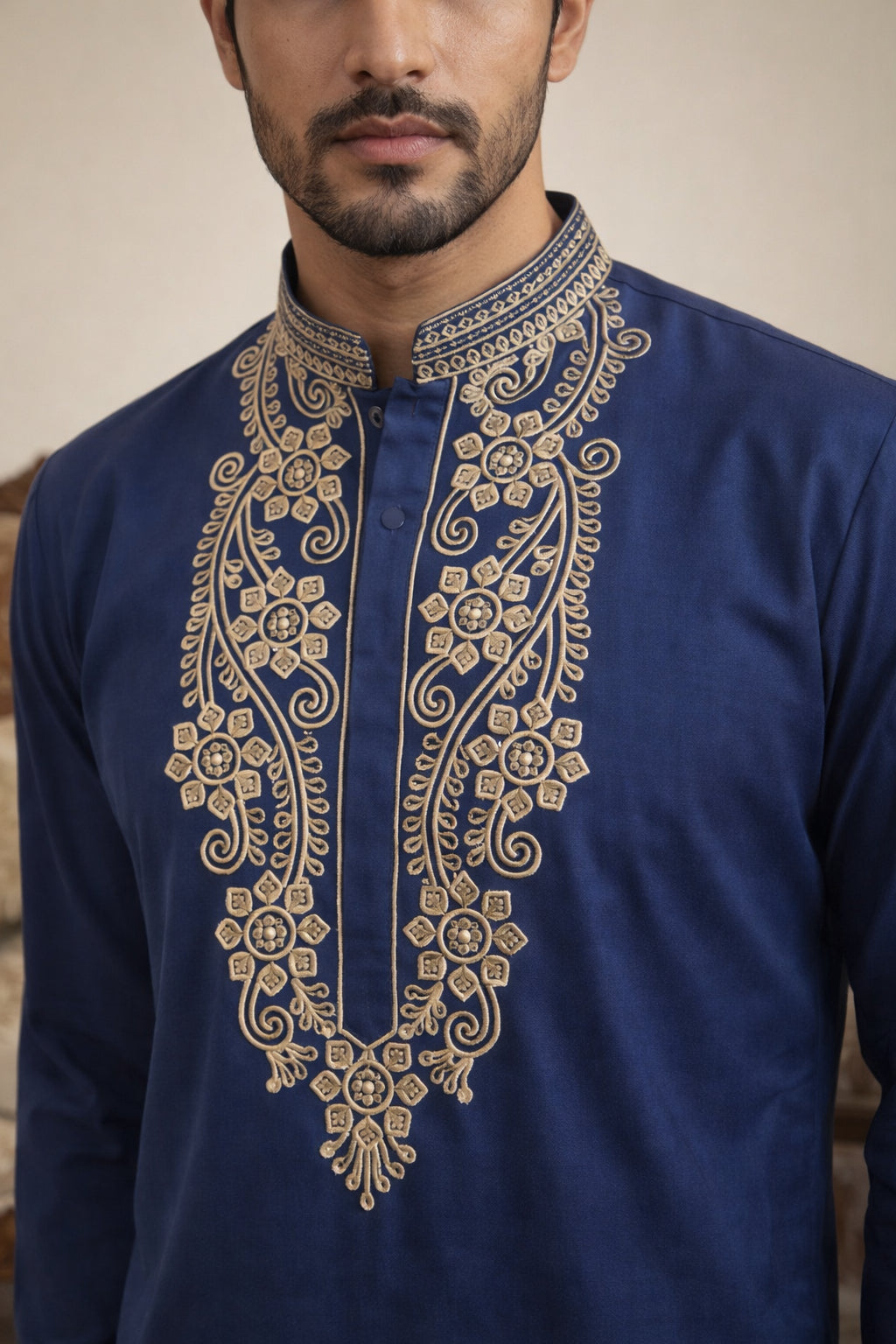 Navy Blue Japanese Embroidered Kurta ( 65KO 5545Navy )