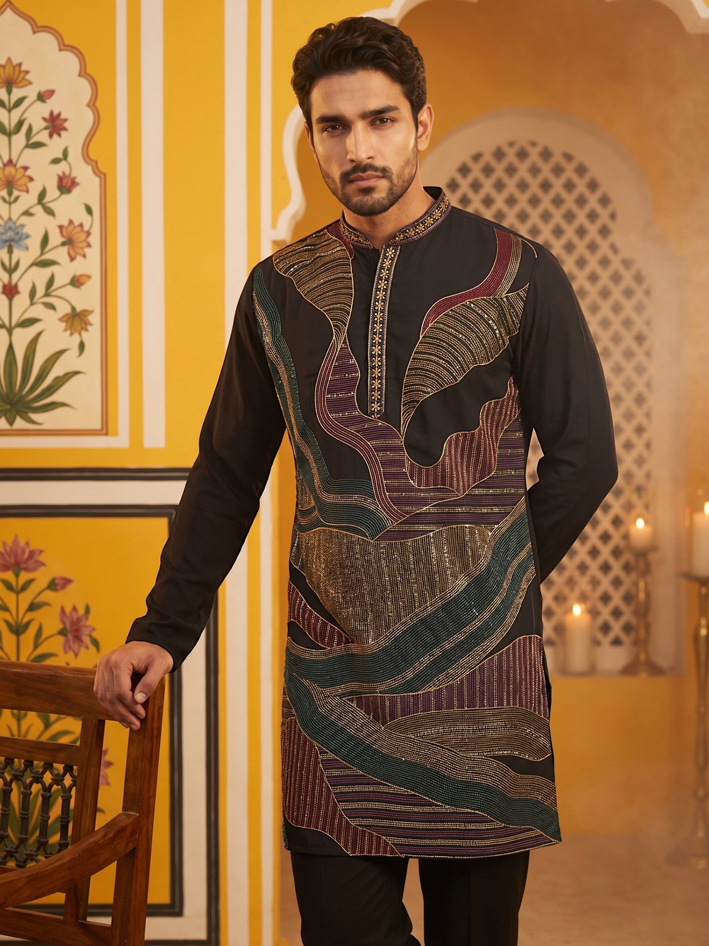 Black Japanese Embroidered Designer Kurta ( 65KO 5546Black )