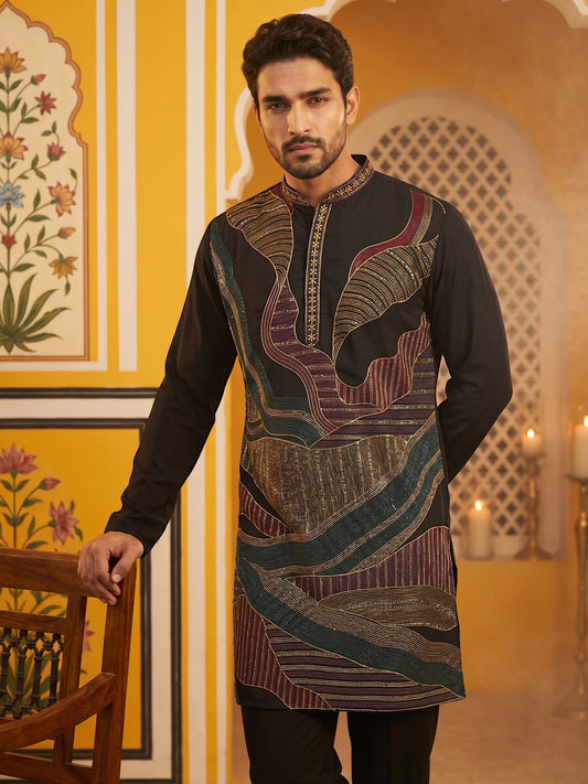 Black Japanese Embroidered Designer Kurta ( 65KO 5546Black )