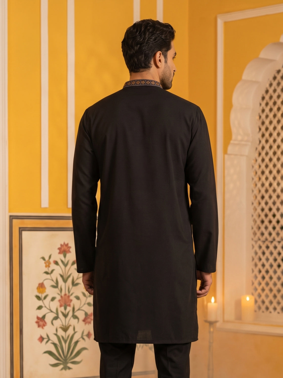Black Japanese Embroidered Designer Kurta ( 65KO 5546Black )