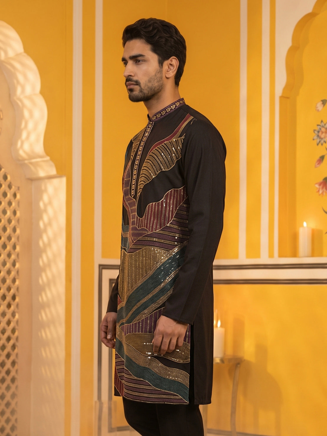 Black Japanese Embroidered Designer Kurta ( 65KO 5546Black )