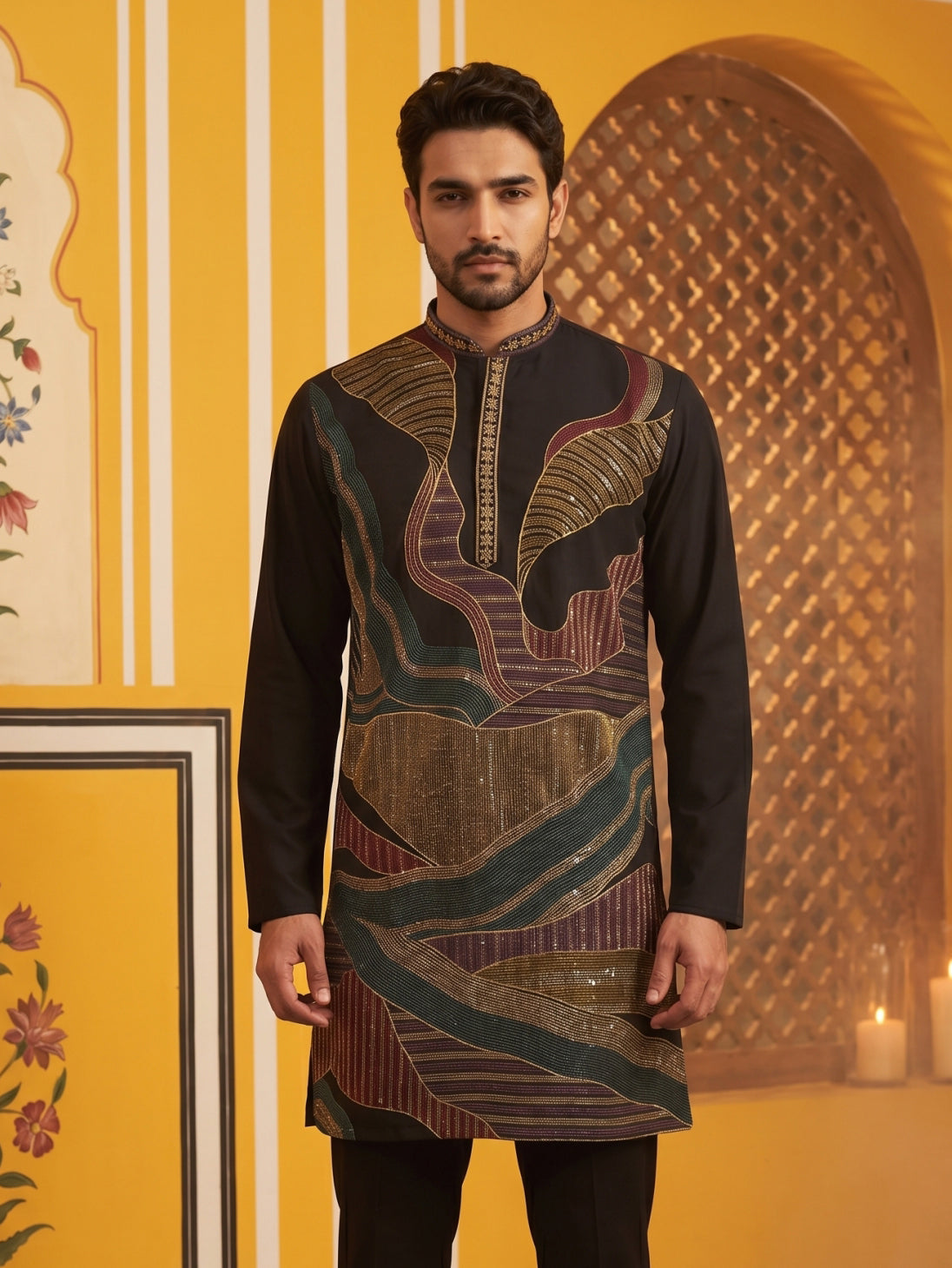 Black Japanese Embroidered Designer Kurta ( 65KO 5546Black )