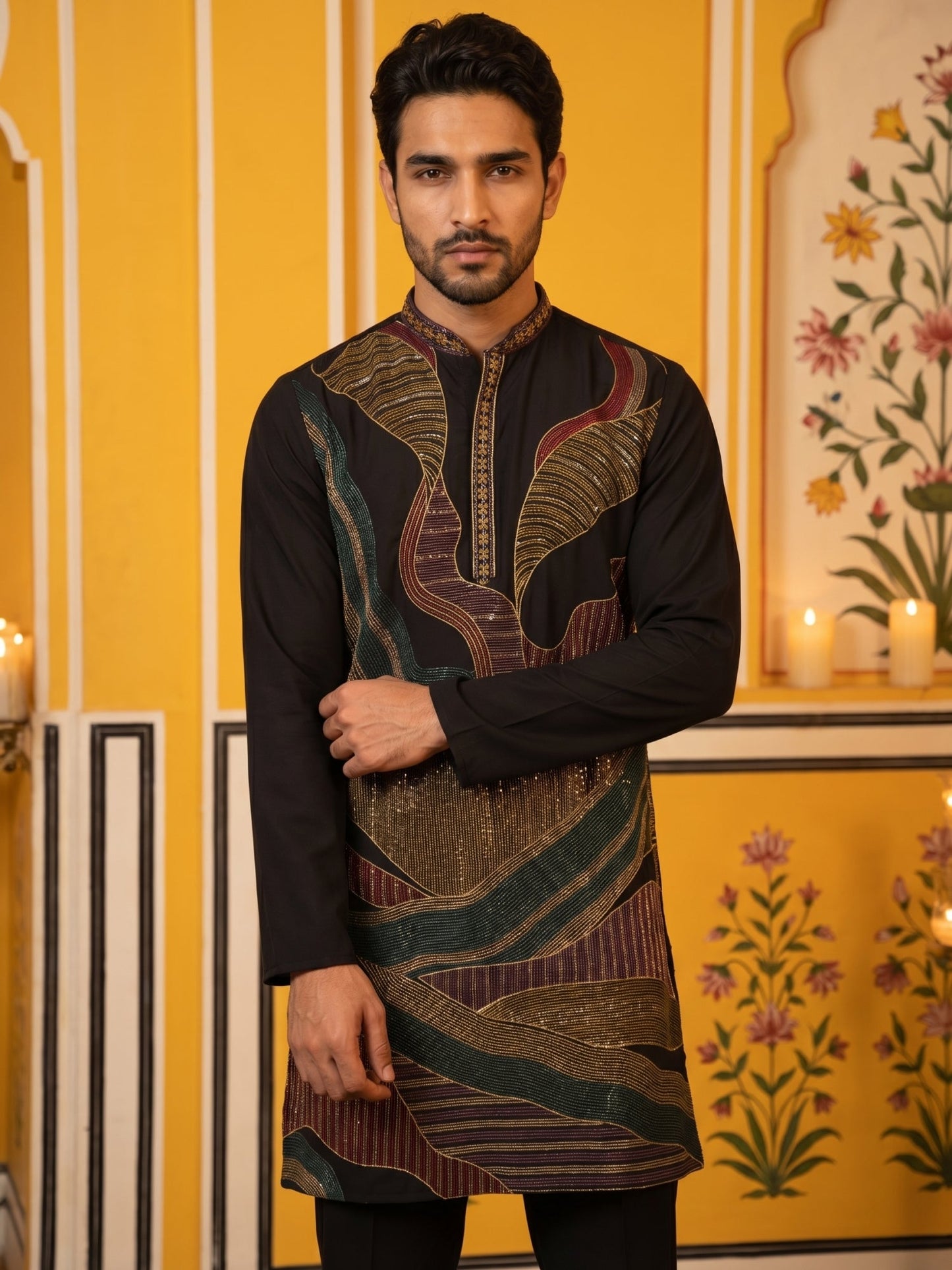 Black Japanese Embroidered Designer Kurta ( 65KO 5546Black )