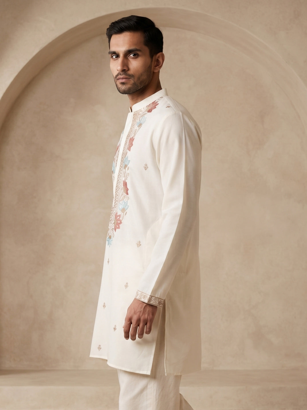 Cotton Blend Floral Embroidered Kurta