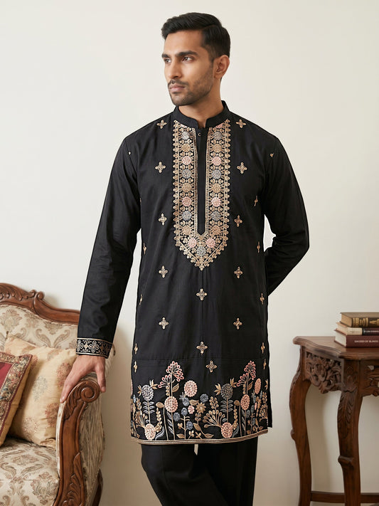 Cotton Blend Floral Embroidered Kurta