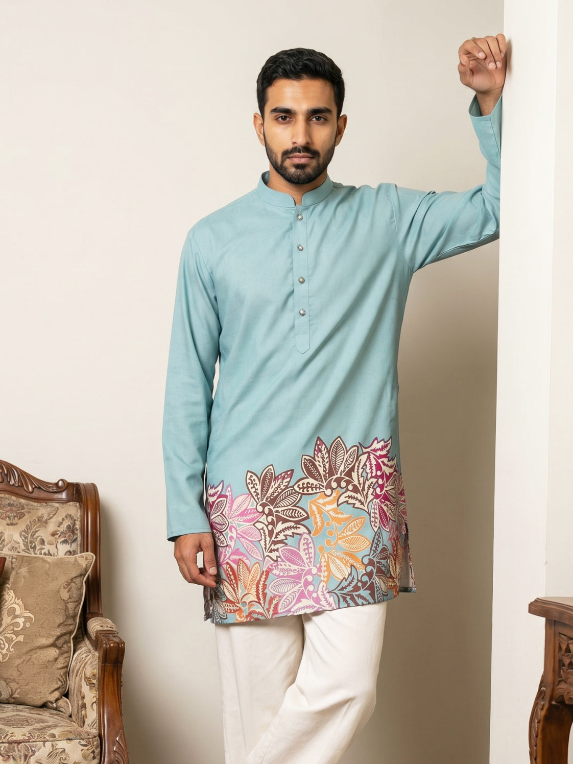 Cotton Floral Printed Kurta for Men