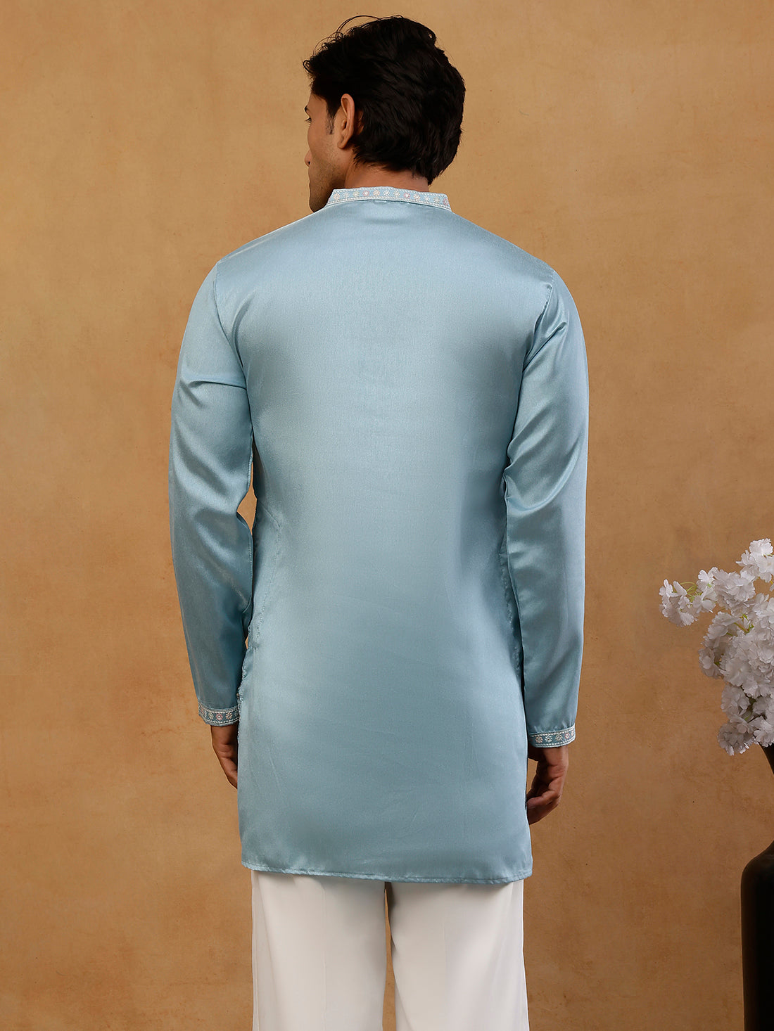 Men's Silk Blend Embroidered Kurta ( 65KO 5595 Sky )