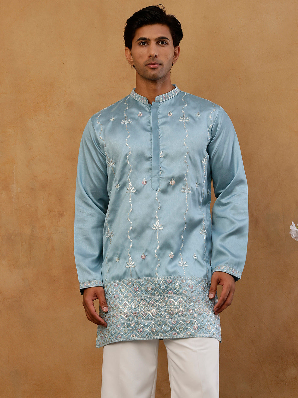 Men's Silk Blend Embroidered Kurta ( 65KO 5595 Sky )