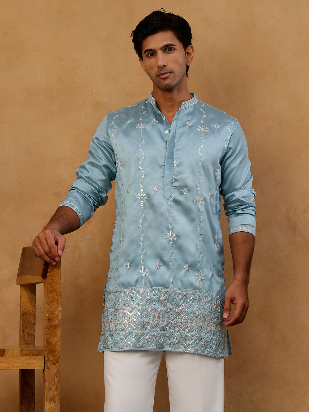 Men's Silk Blend Embroidered Kurta ( 65KO 5595 Sky )