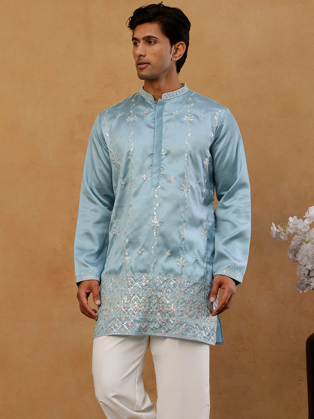 Men's Silk Blend Embroidered Kurta ( 65KO 5595 Sky )