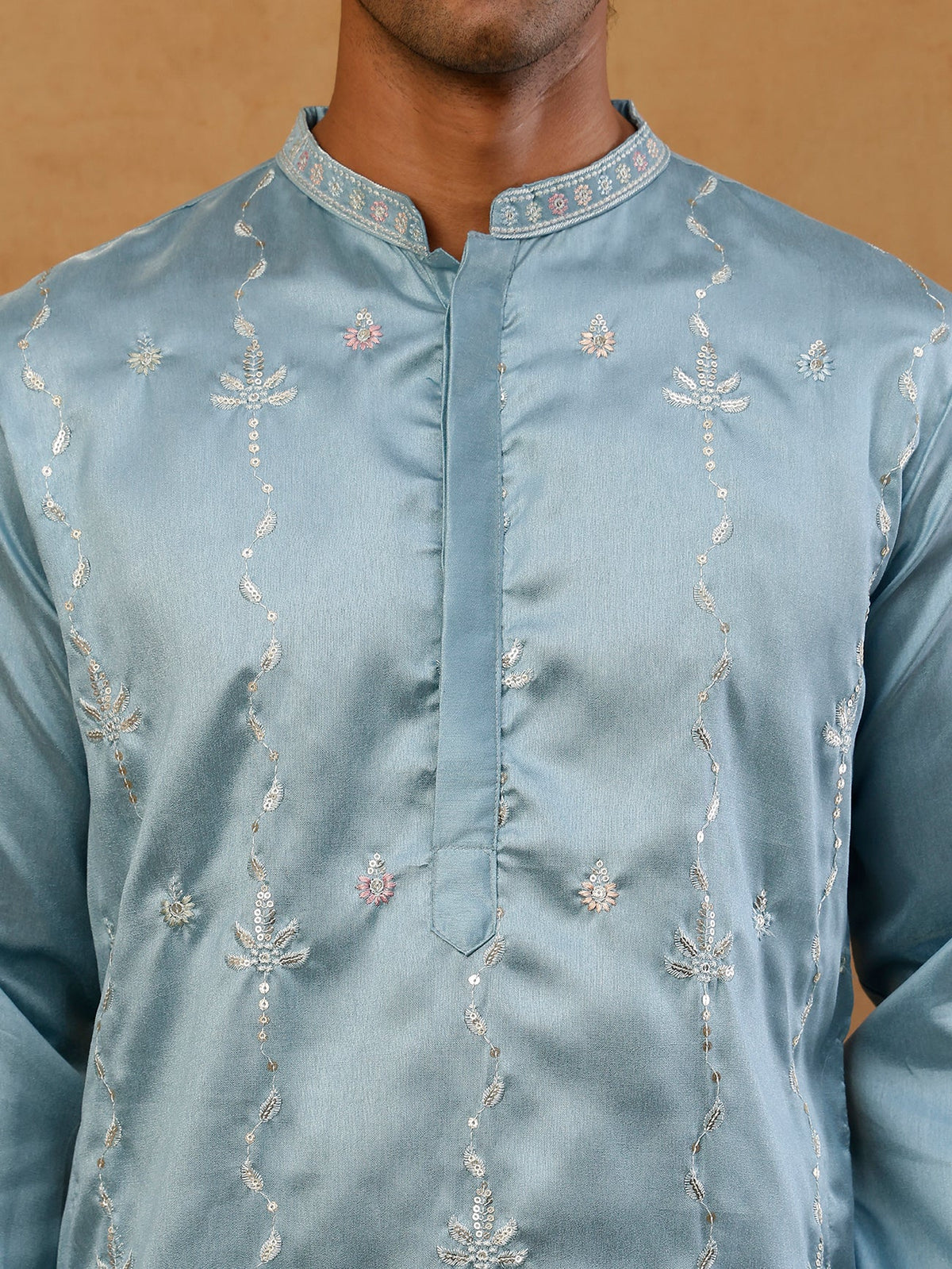 Men's Silk Blend Embroidered Kurta ( 65KO 5595 Sky )