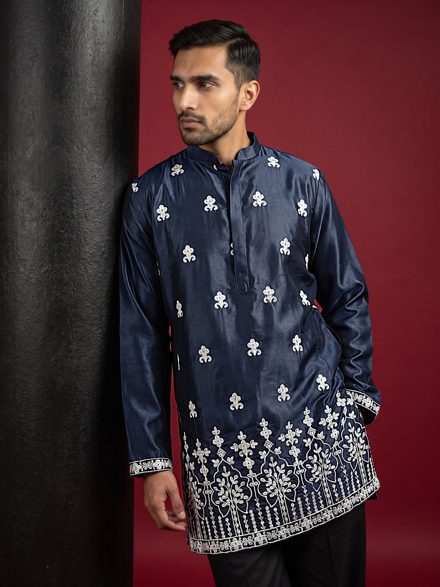 Men Ethnic Silk Blend Embroidered Kurta ( 65KO 5604Navy ) [FF] [G-4]