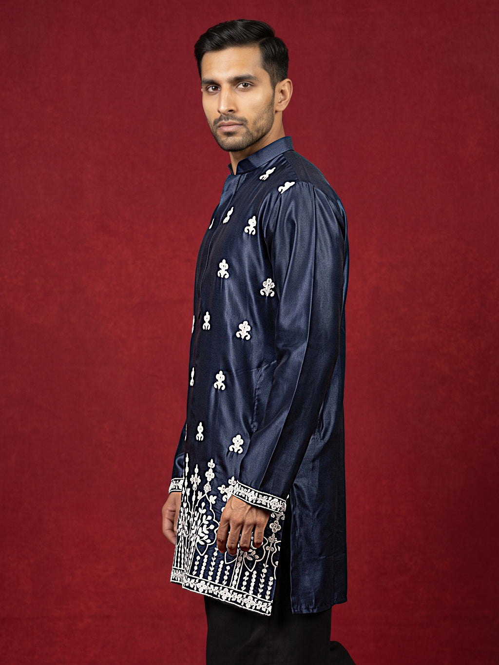 Men Ethnic Silk Blend Embroidered Kurta ( 65KO 5604Navy ) [FF] [G-4]