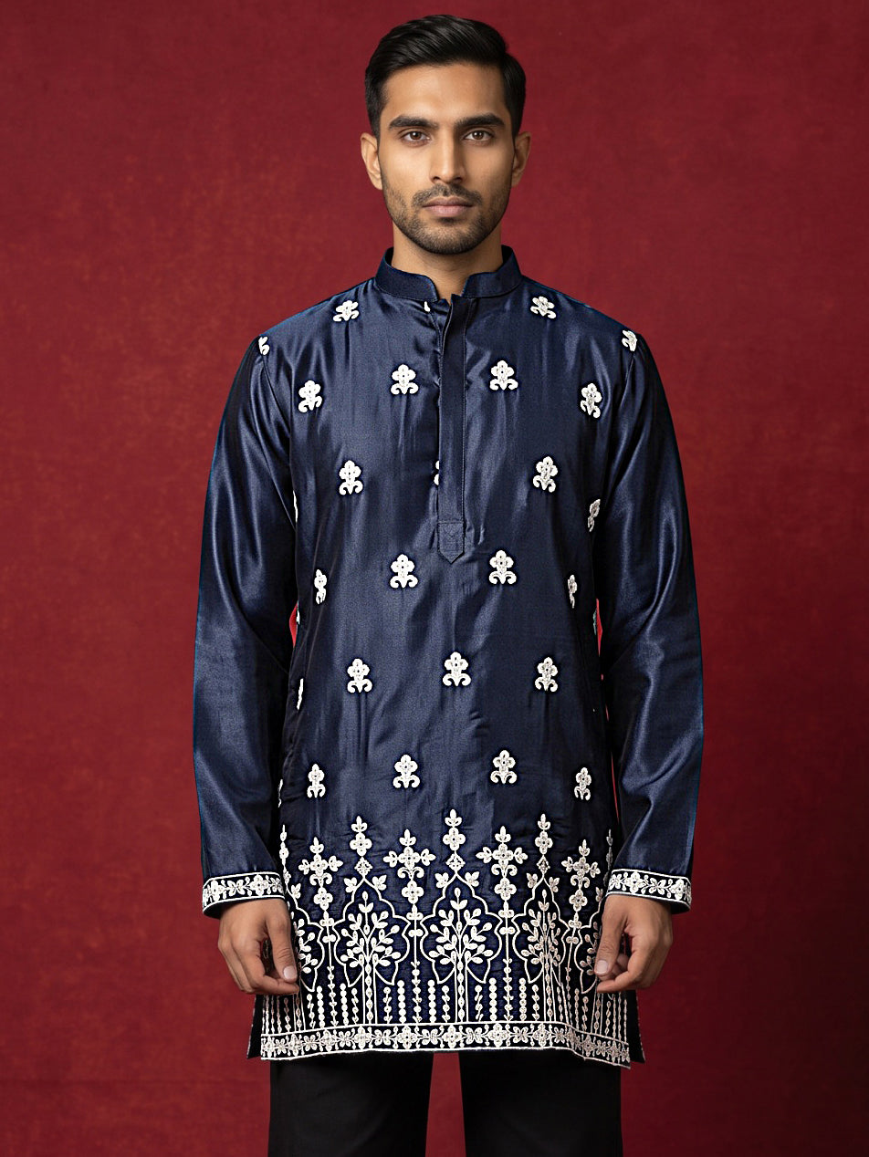 Men Ethnic Silk Blend Embroidered Kurta ( 65KO 5604Navy ) [FF] [G-4]