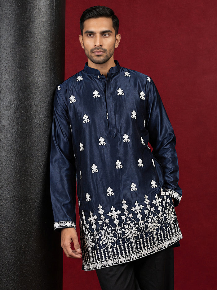 Men Ethnic Silk Blend Embroidered Kurta ( 65KO 5604Navy ) [FF] [G-4]