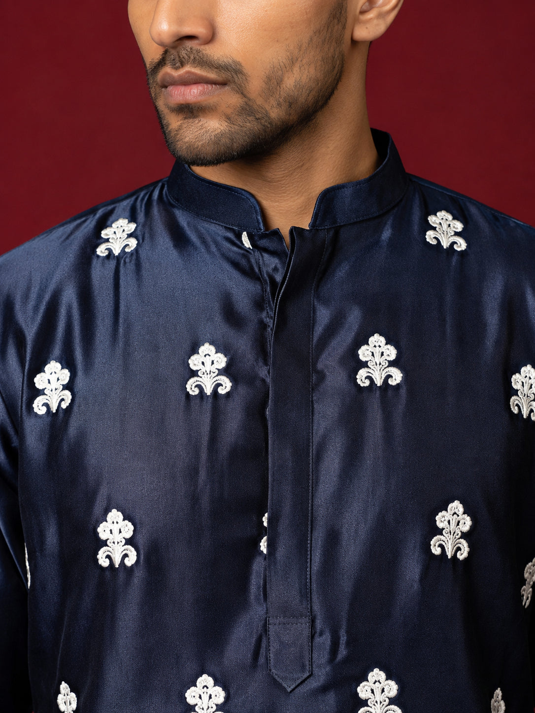 Men Ethnic Silk Blend Embroidered Kurta ( 65KO 5604Navy ) [FF] [G-4]